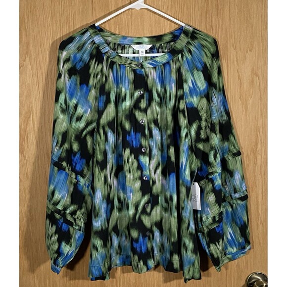 Time and Tru Women's Sz 2XL Button Down Top Artsy Watercolor Flowy Career NWT - Picture 1 of 8